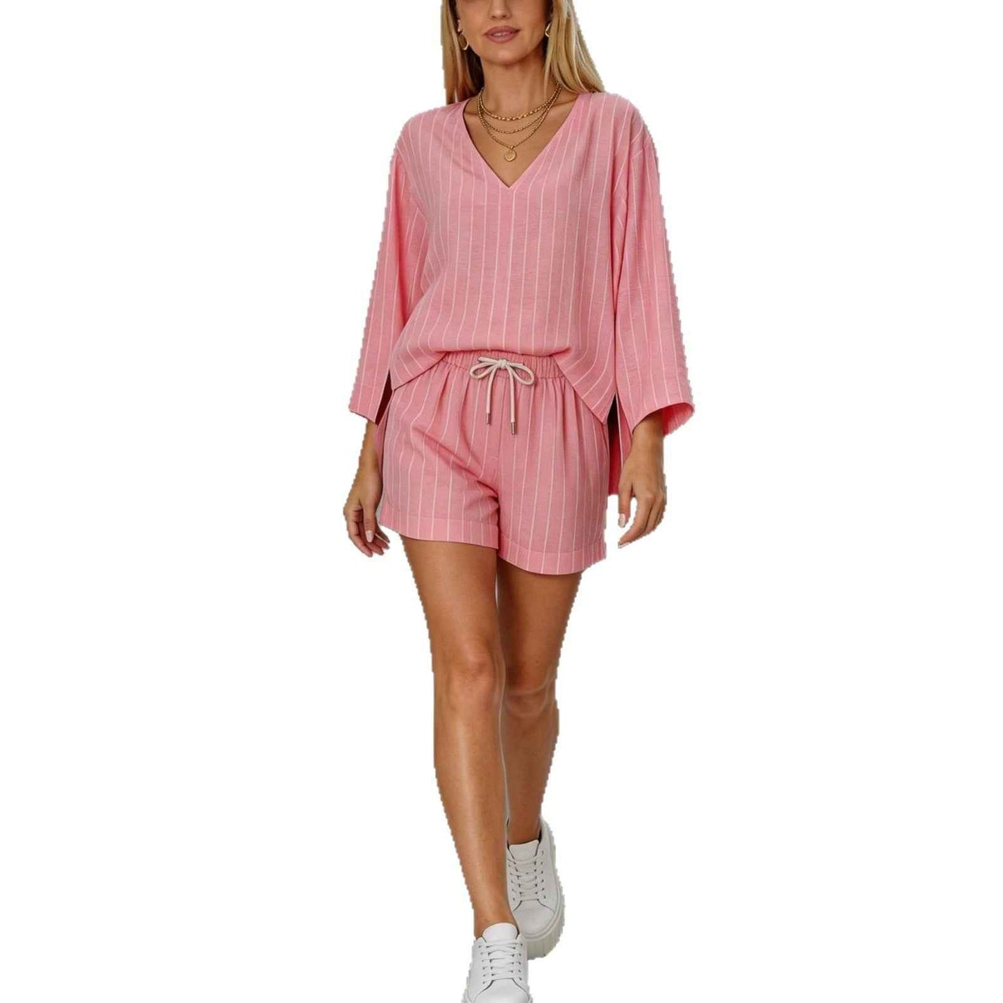 Loose V-neck long sleeved shorts striped set