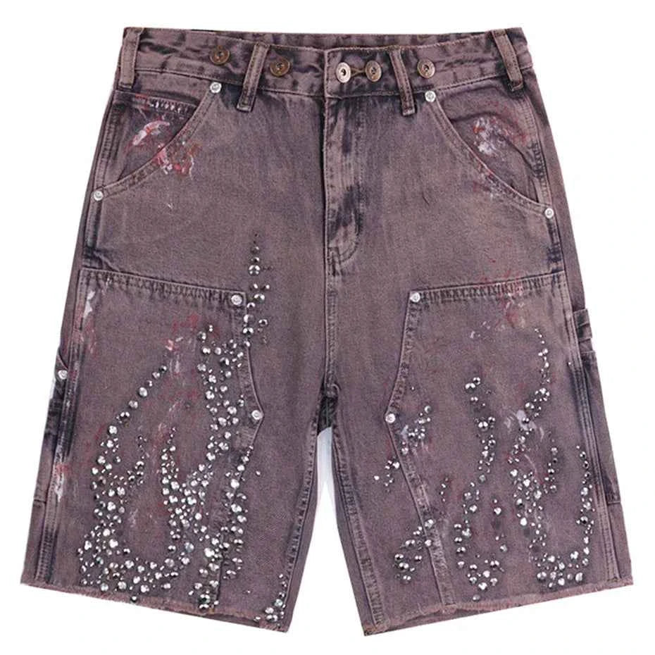 Streetwear Rhinestone Graphic Jeans Shorts
