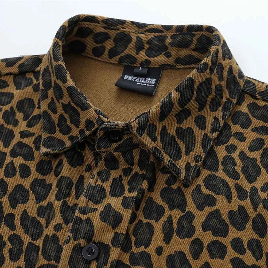 Men Vintage Leopard Shirts Streetwear Harajuku Hip Hop Oversized Shirts Button Up Blouse Casual Loose Shirts