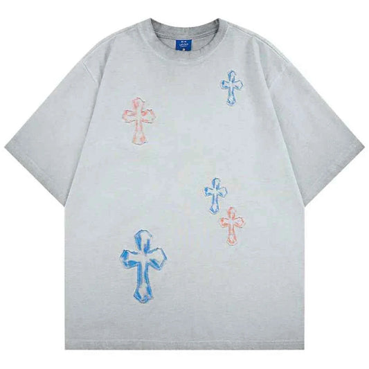 Cross Patchwork Streetwear Oversized T-shirts