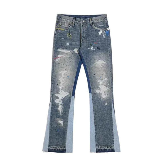 Streetwear Blue Speckle Ink Washed Flared Jeans