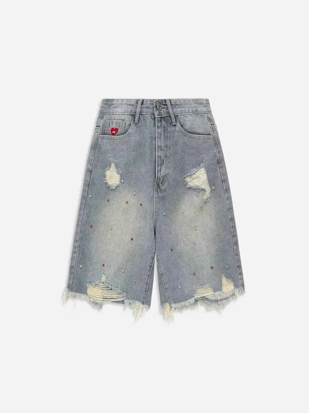 Rhinestone Embellished Pattern Embroidered Straight Denim Shorts