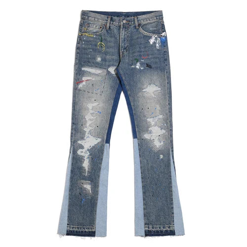 Streetwear Blue Speckle Ink Washed Flared Jeans