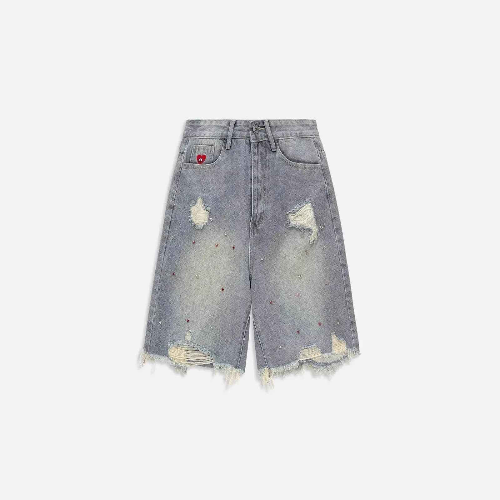 Rhinestone Embellished Pattern Embroidered Straight Denim Shorts