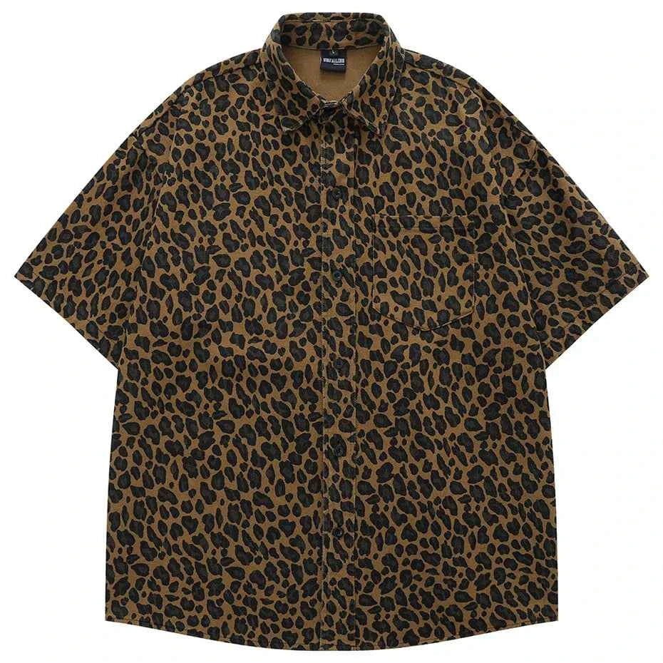 Men Vintage Leopard Shirts Streetwear Harajuku Hip Hop Oversized Shirts Button Up Blouse Casual Loose Shirts