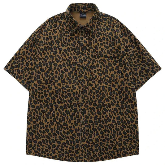 Men Vintage Leopard Shirts Streetwear Harajuku Hip Hop Oversized Shirts Button Up Blouse Casual Loose Shirts
