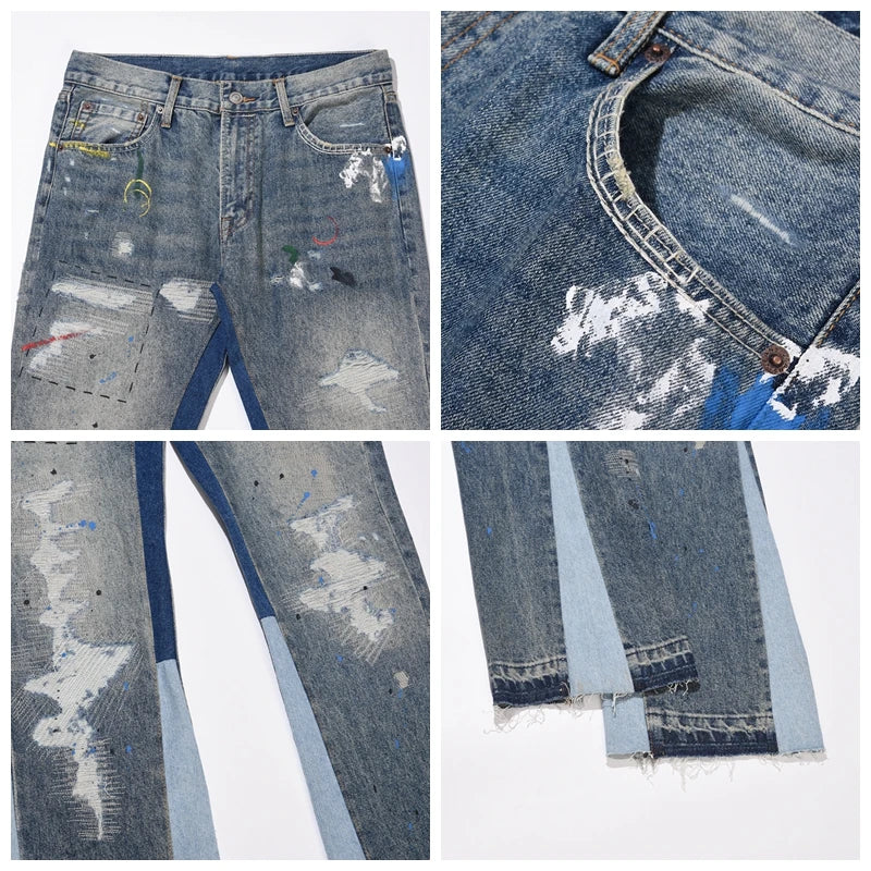 Streetwear Blue Speckle Ink Washed Flared Jeans