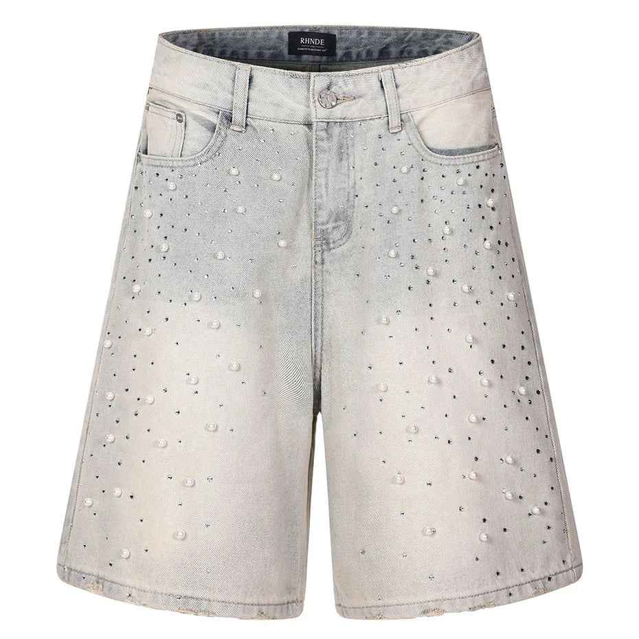 Streetwear Unisex Pearl Denim Shorts