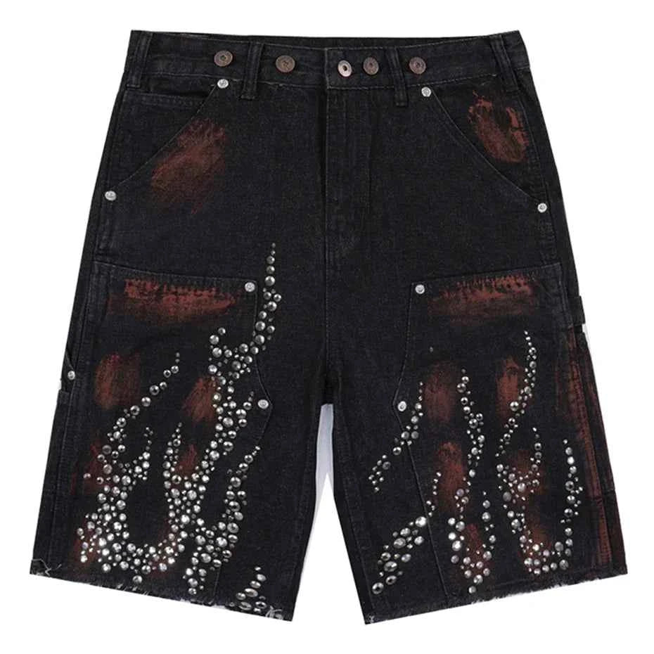 Streetwear Rhinestone Graphic Jeans Shorts