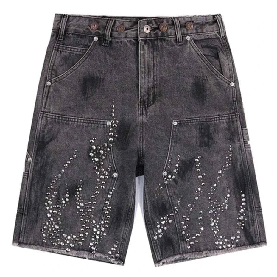 Streetwear Rhinestone Graphic Jeans Shorts