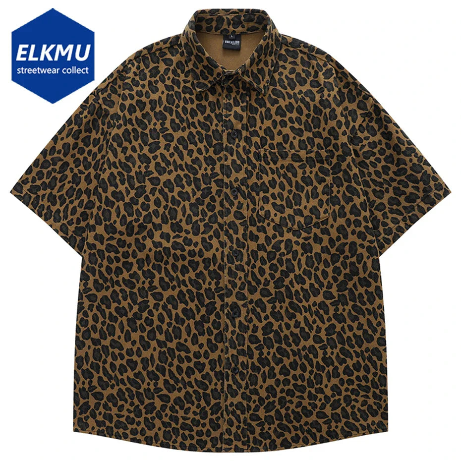 Men Vintage Leopard Shirts Streetwear Harajuku Hip Hop Oversized Shirts Button Up Blouse Casual Loose Shirts