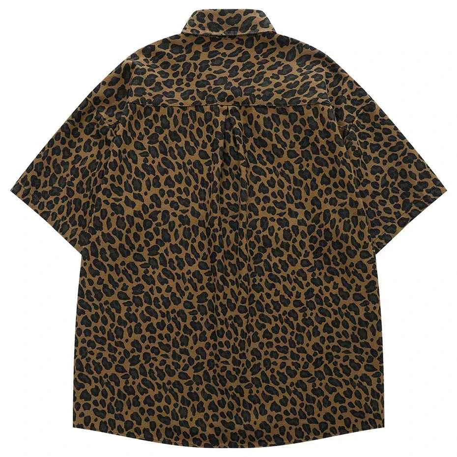 Men Vintage Leopard Shirts Streetwear Harajuku Hip Hop Oversized Shirts Button Up Blouse Casual Loose Shirts