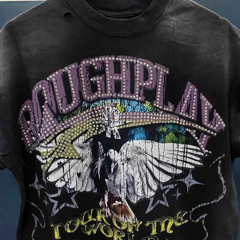 High Quality Heavy Fabric Fashion Loose Casual Rhinestore T-shirts