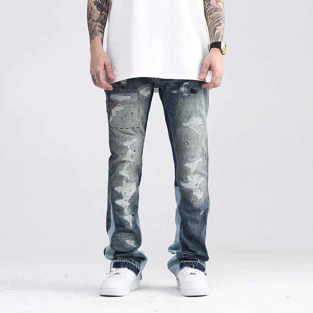 Streetwear Blue Speckle Ink Washed Flared Jeans