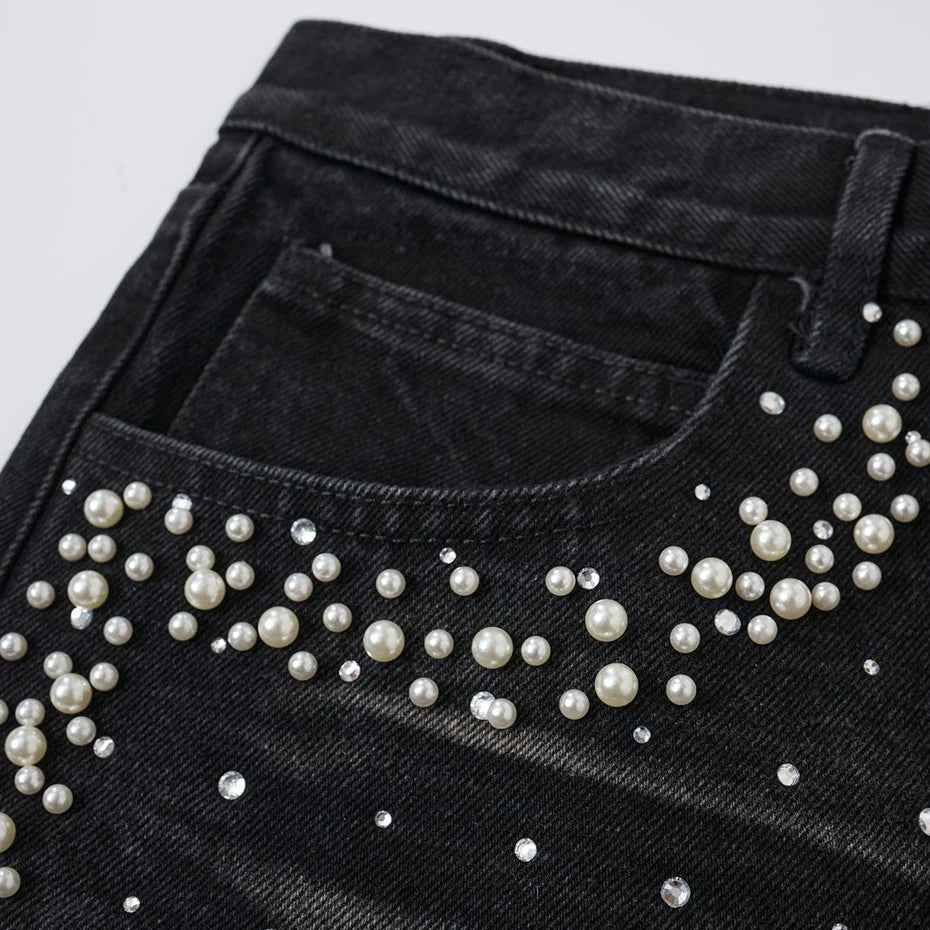 Streetwear Unisex Pearl Denim Shorts