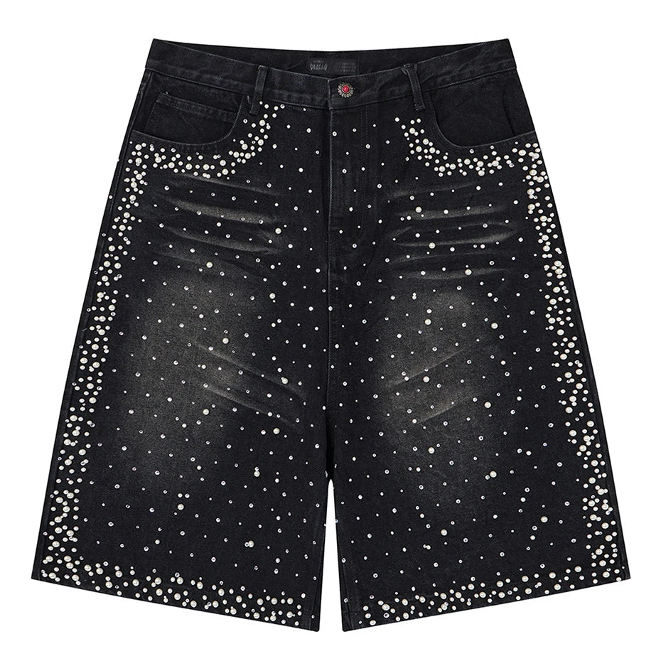 Streetwear Pearl Denim Shorts Unisex