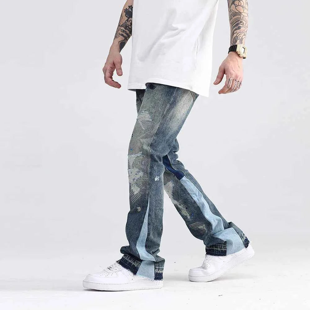 Streetwear Blue Speckle Ink Washed Flared Jeans