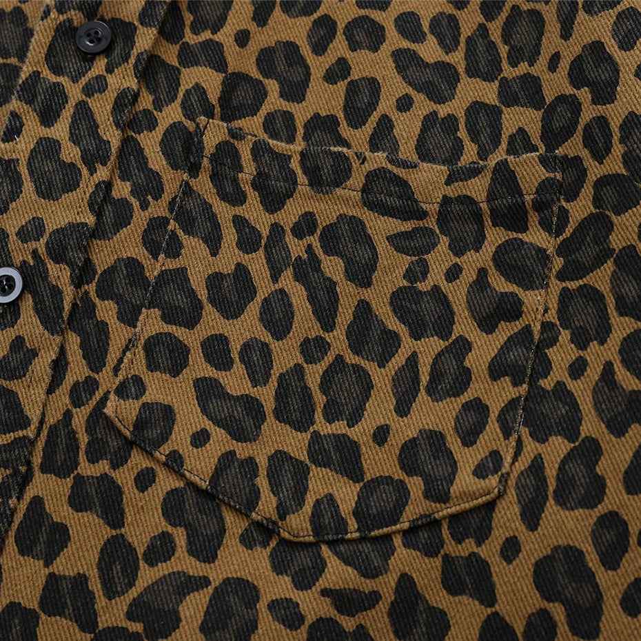 Men Vintage Leopard Shirts Streetwear Harajuku Hip Hop Oversized Shirts Button Up Blouse Casual Loose Shirts