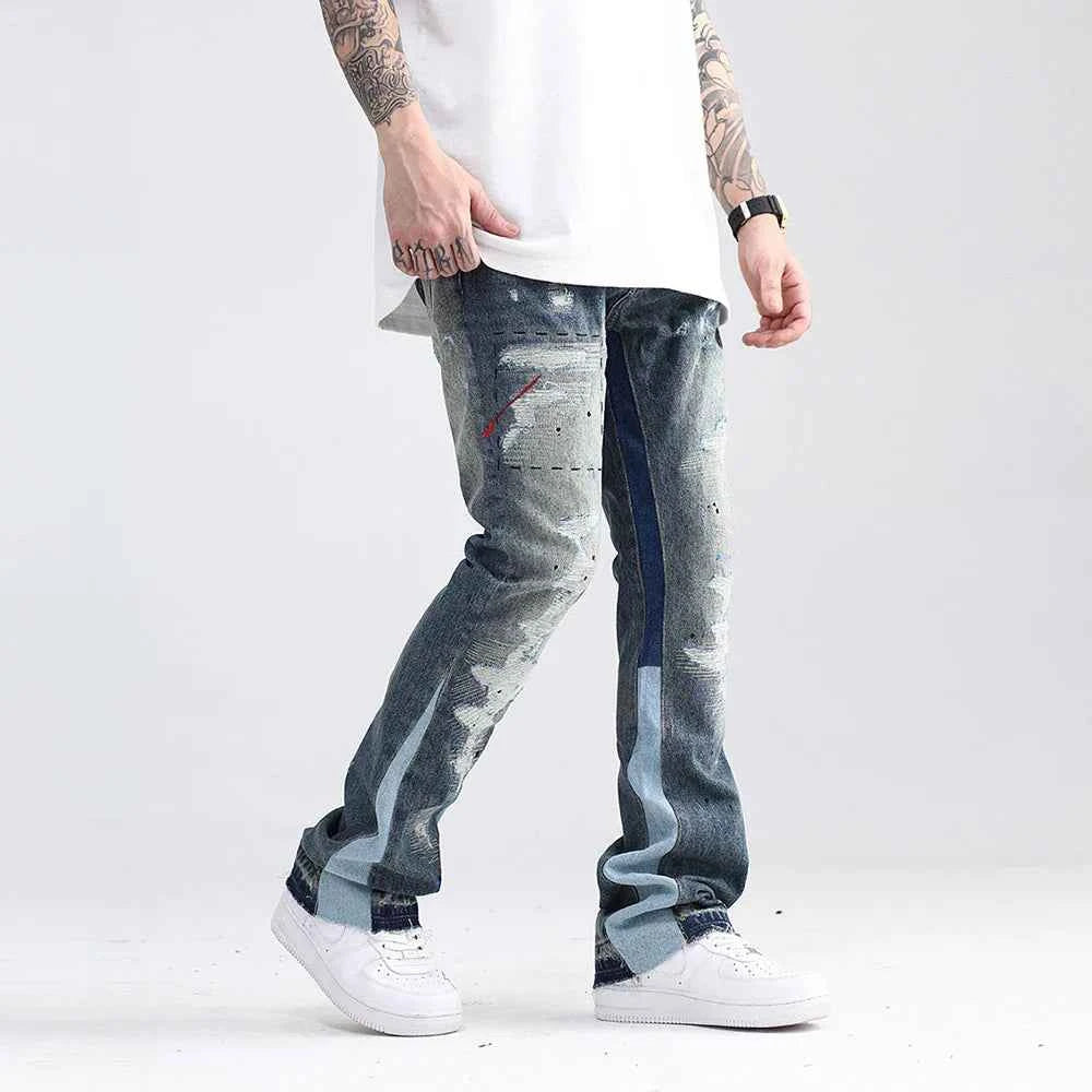 Streetwear Blue Speckle Ink Washed Flared Jeans