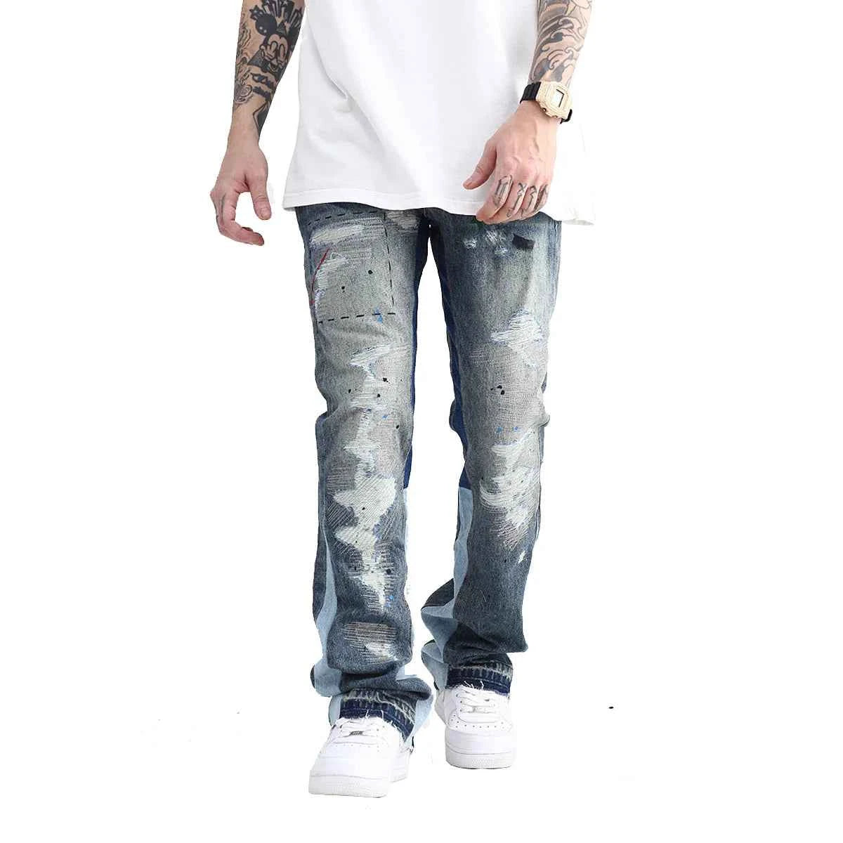Streetwear Blue Speckle Ink Washed Flared Jeans