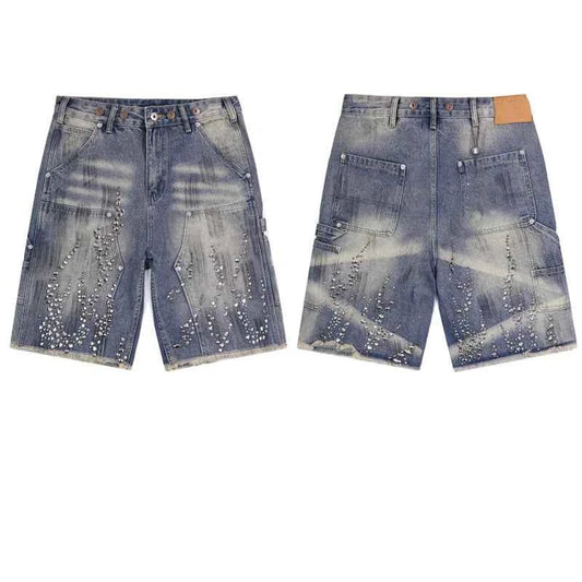 Fire Diamond Denim Rhinestone Graphic Short