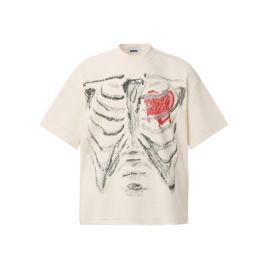 Skeleton & Melted Heart Graphic Waffle Knit T-Shirt