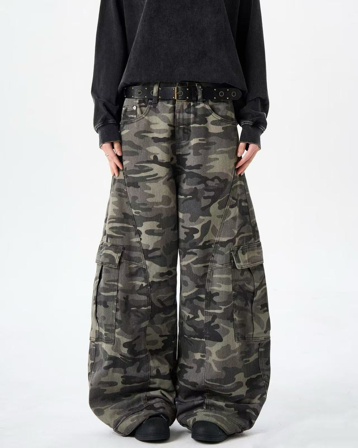 Vintage Camo Seam Panel Multi-Pocket Baggy Wide Leg Cargo Pants - OMYGOODS