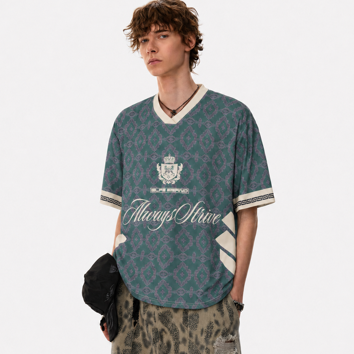 Always Strive Green Patterned Jersey V-Neck T-Shirt - OMYGOODS