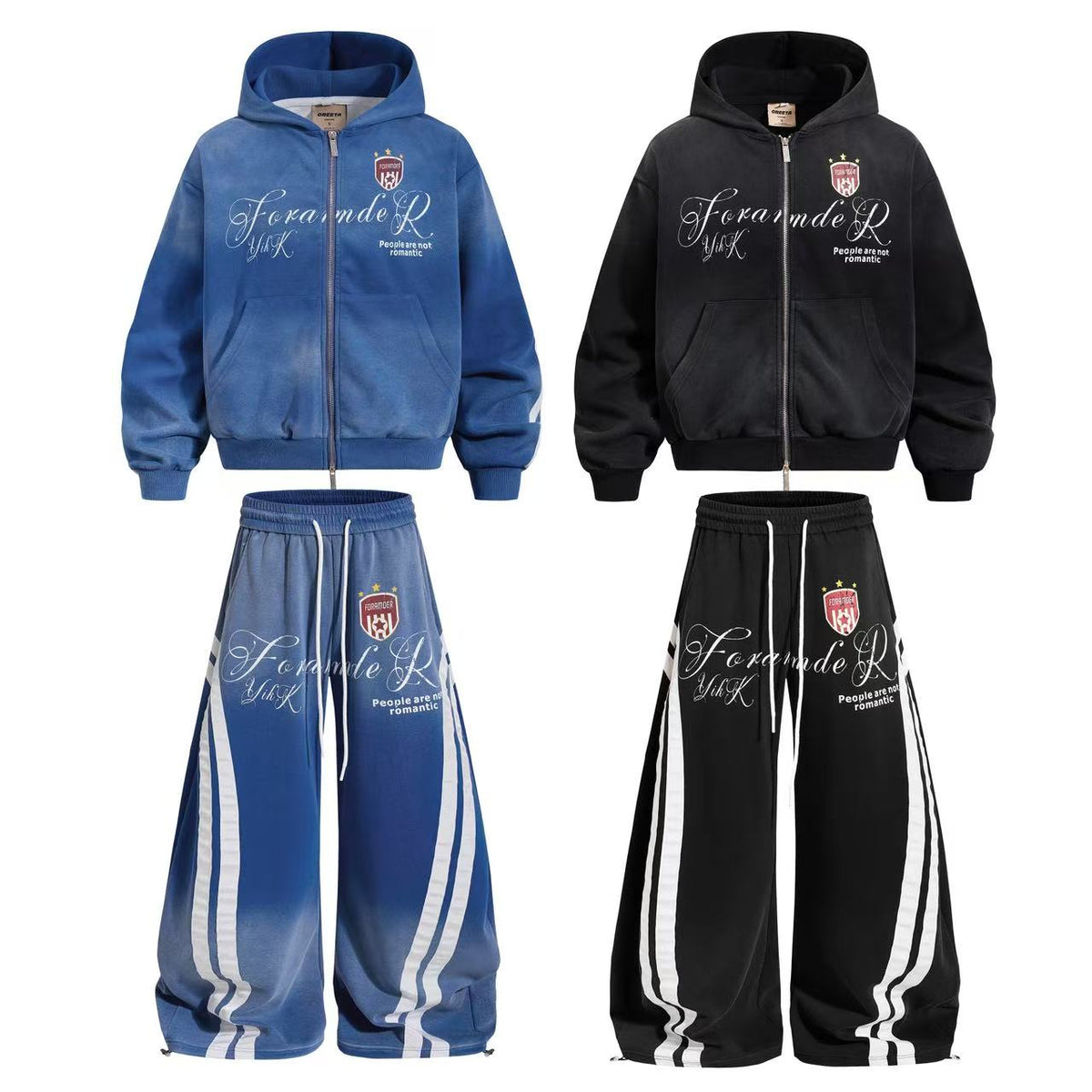 Vintage Washed Distressed Crest Embroidered Letter Print Zip Up Hoodie - OMYGOODS