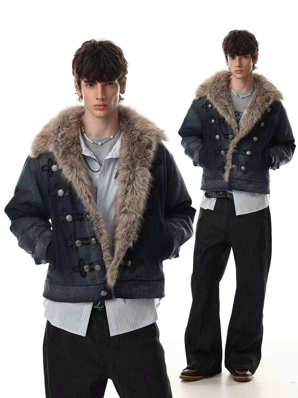 Faux Fur Collar & Frog Toggle Buttons Vintage Washed Denim Jacket - OMYGOODS
