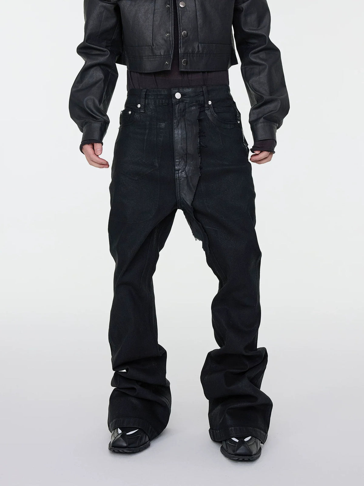 Black Wax Coated Flare Jeans - OMYGOODS