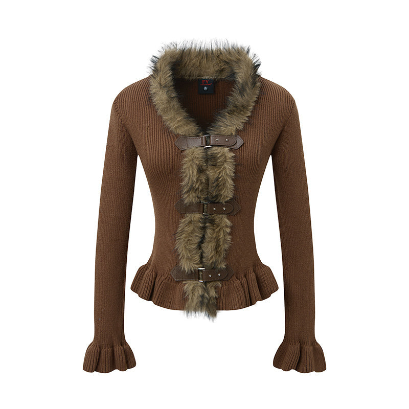 Buckled Fur | Knit Cardigan with Faux Trim - OMYGOODS