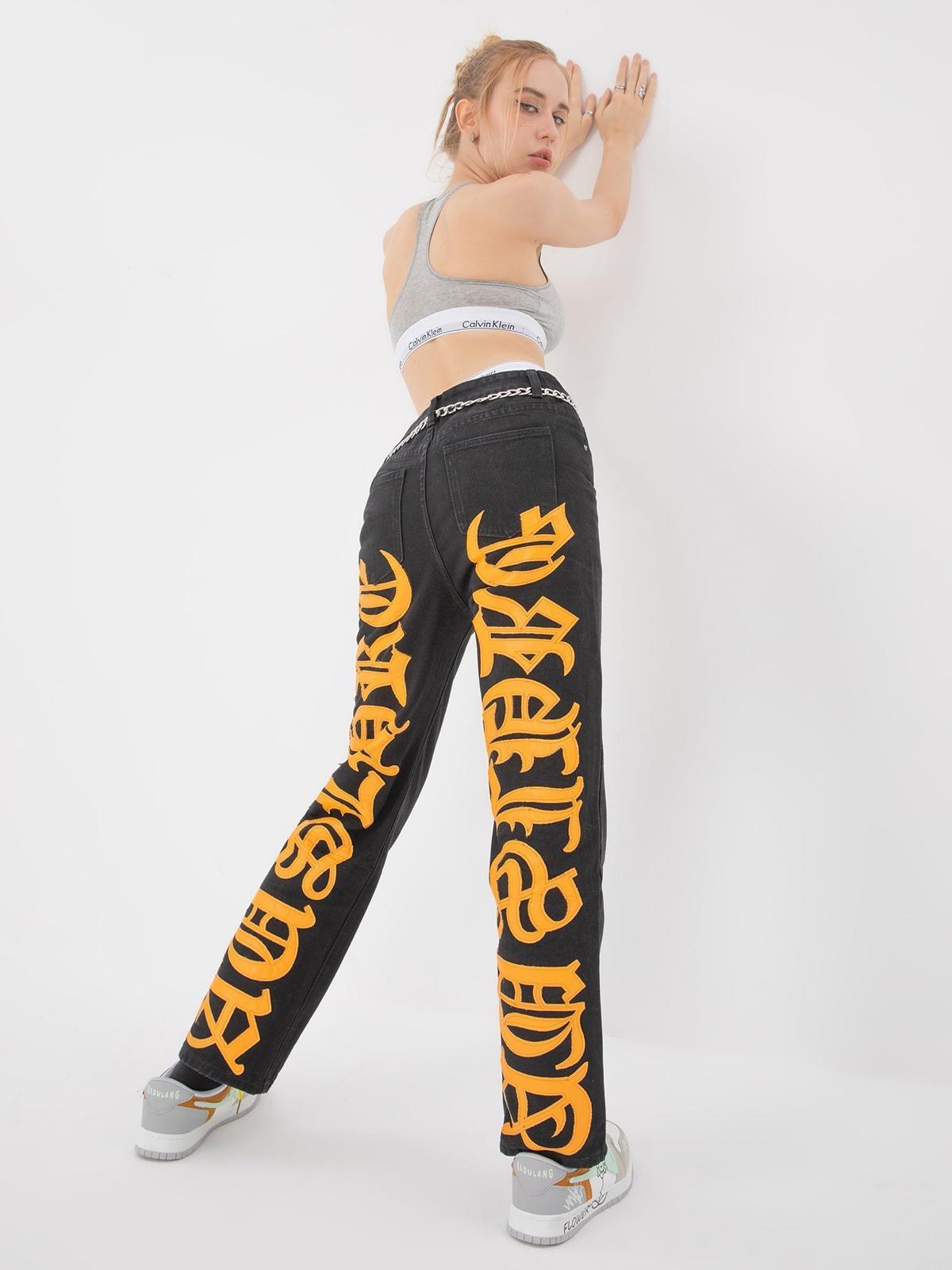 Omygoods Burning Text Embroidered Letters Jeans