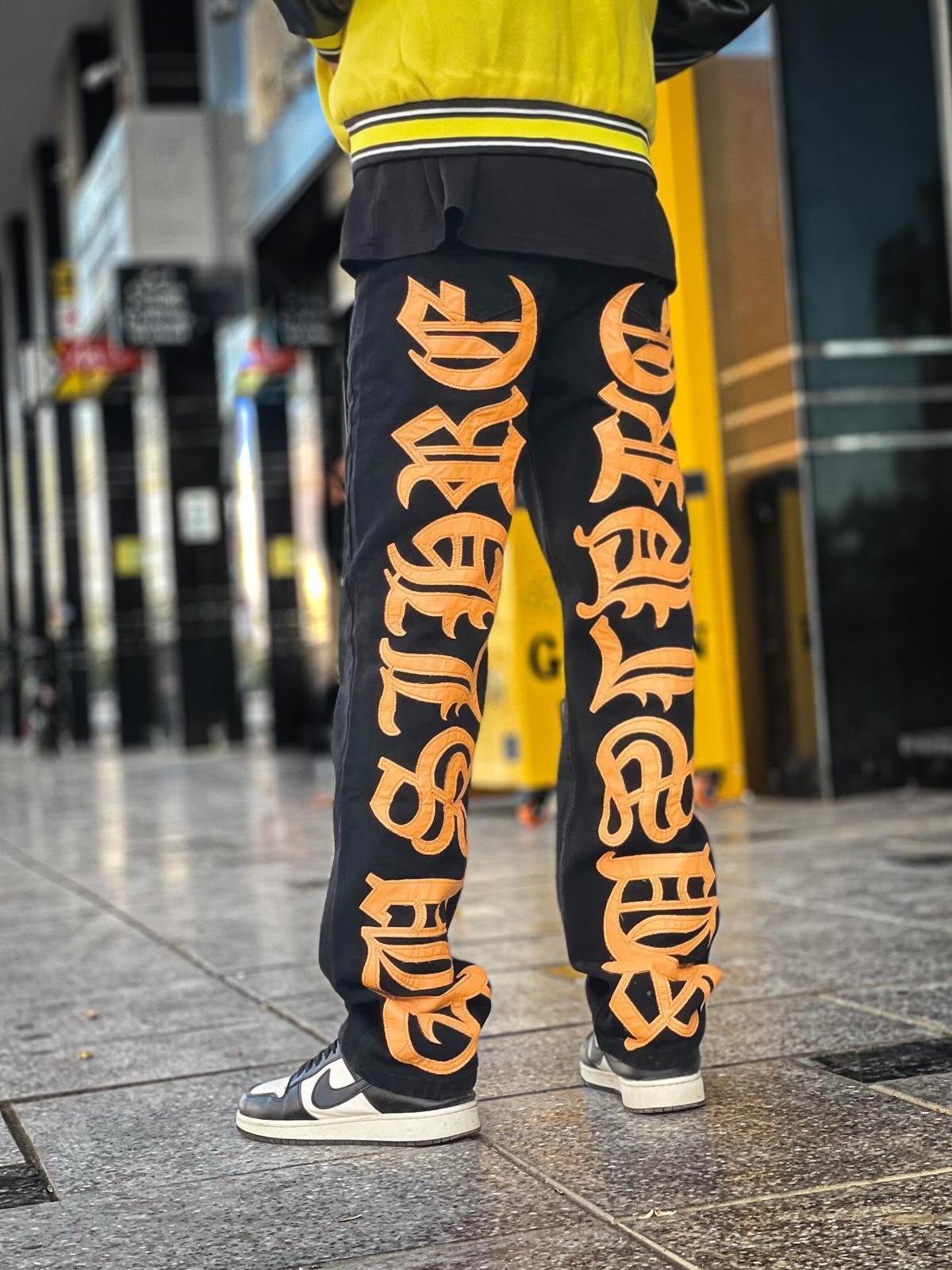 Omygoods Burning Text Embroidered Letters Jeans