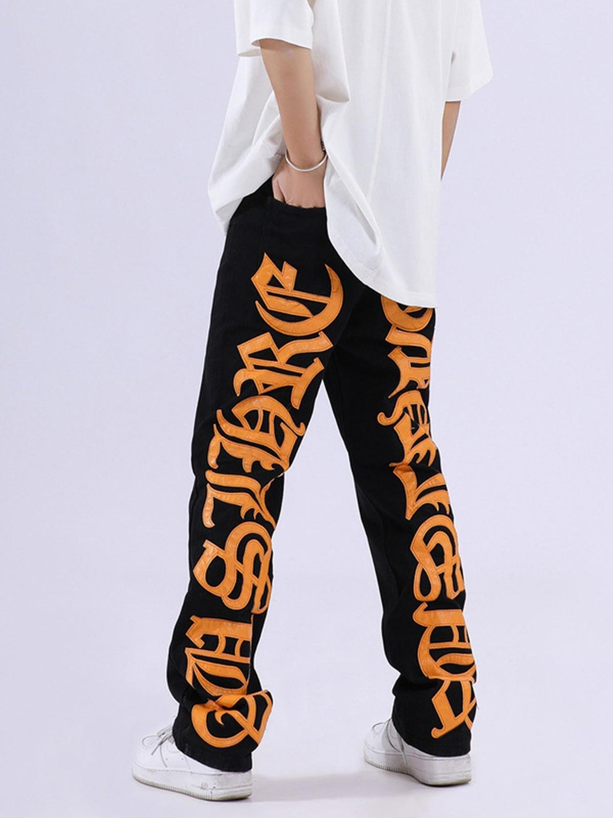 Omygoods Burning Text Embroidered Letters Jeans