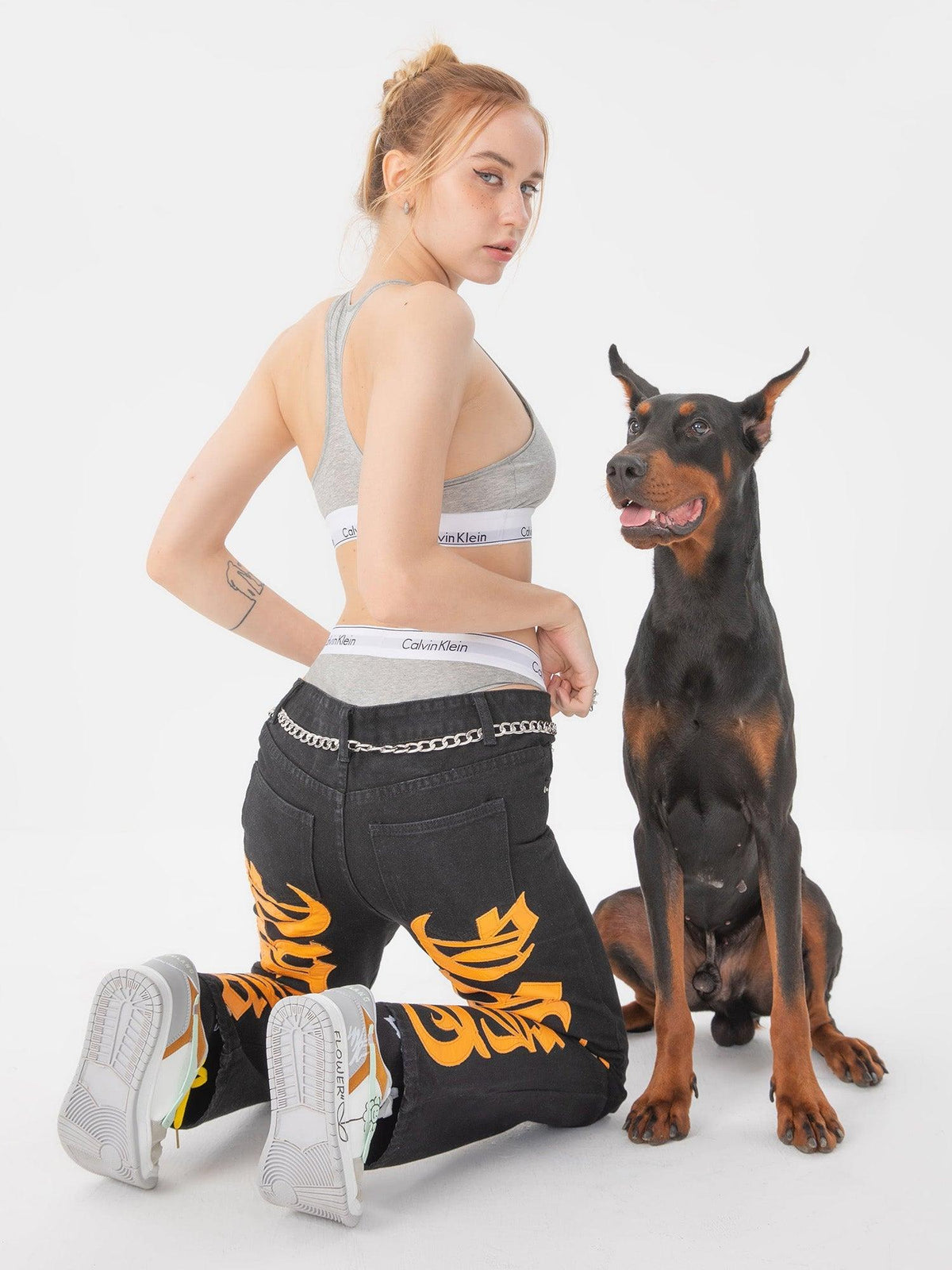 Omygoods Burning Text Embroidered Letters Jeans