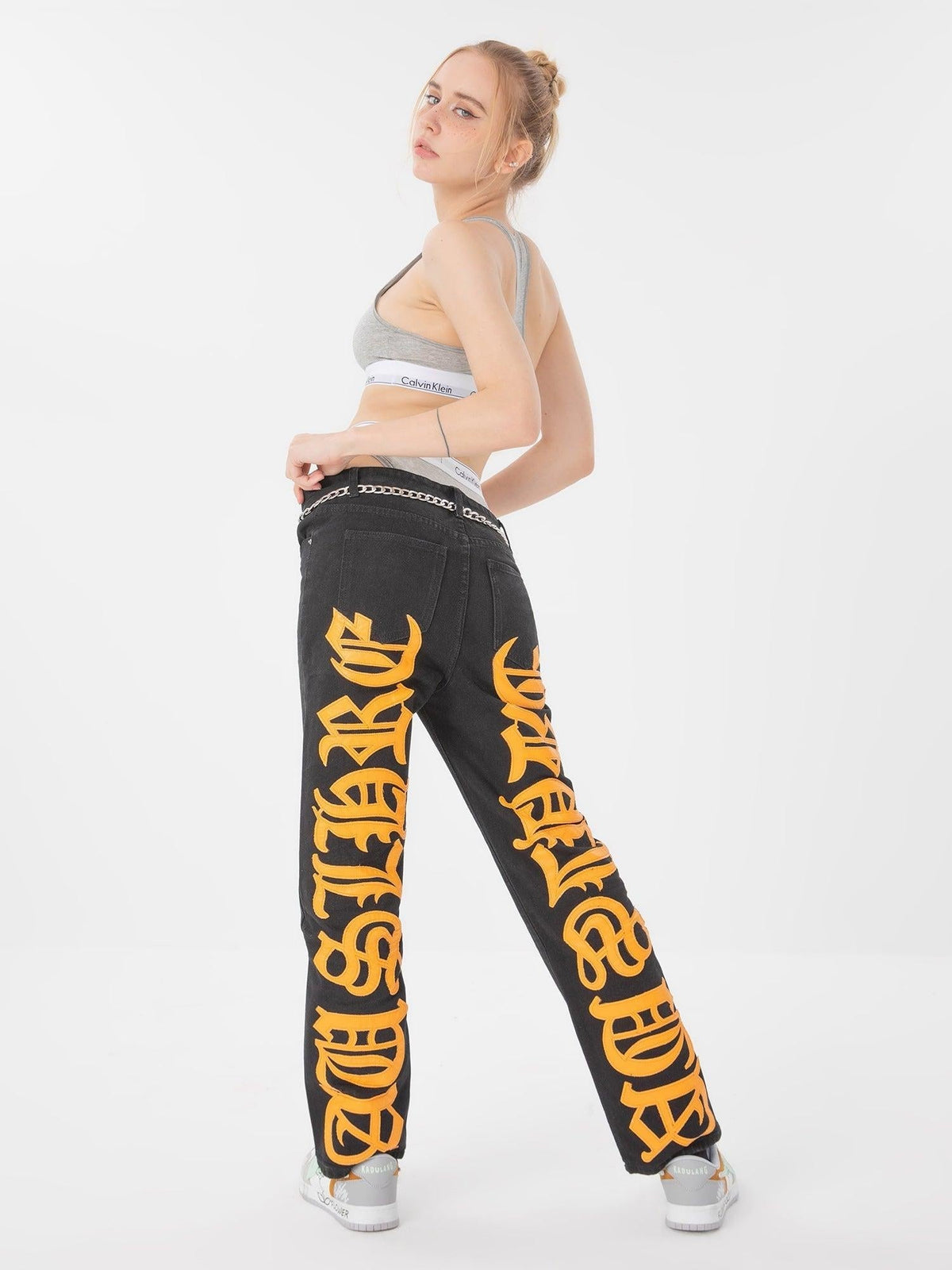 Omygoods Burning Text Embroidered Letters Jeans