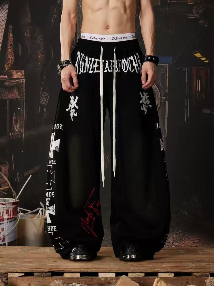 Graffiti Print Oversized Baggy Drawstring Wide-Leg Sweatpants - OMYGOODS