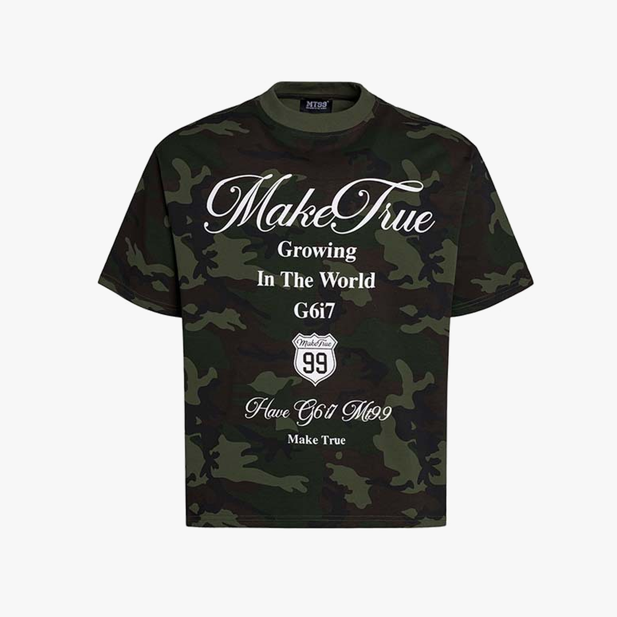 Camouflage Script Loose Graphic T-Shirt - OMYGOODS