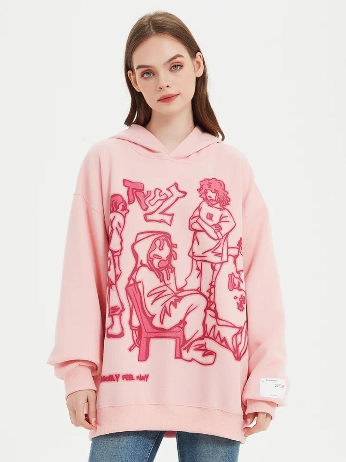 Omygoods Cartoon Line Character Print Hoodie