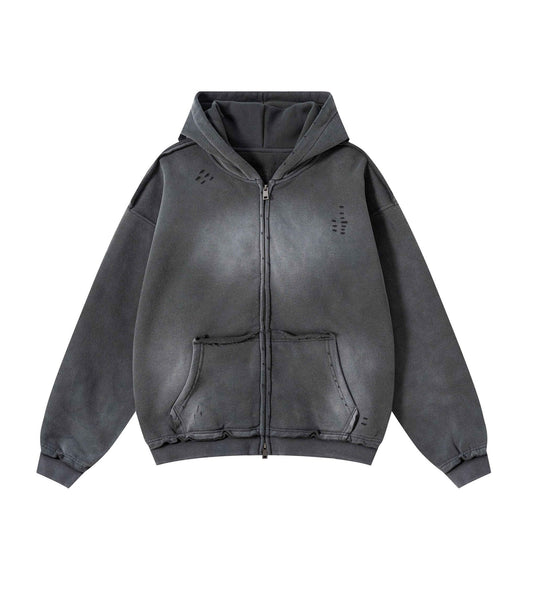 CHARCOAL DISTRESSED ZIP HOODIE