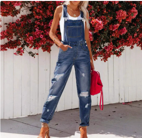 Cropped Blue Denim Overalls for Women with Ripped Details Casual FashionStrap Design, Perfect for Everyday Wear - OMYGOODS