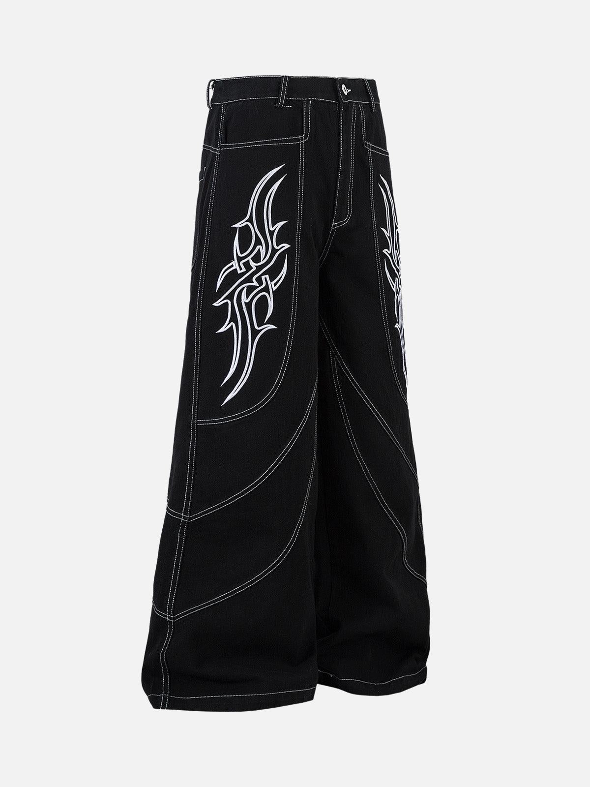 Omygoods Deconstructed Contrast Embroidered Baggy Jeans
