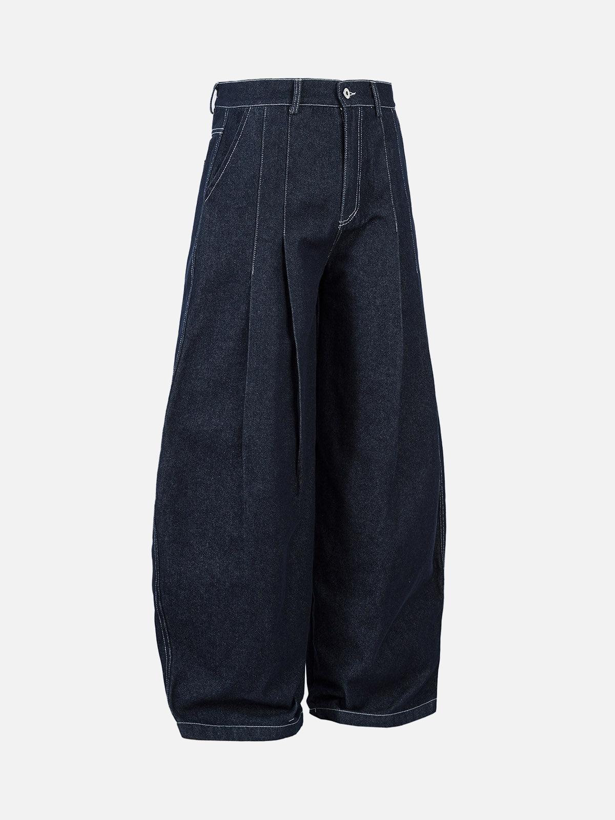 Omygoods Deconstructed Contrast Stitching Pleated Baggy Barrel Jeans