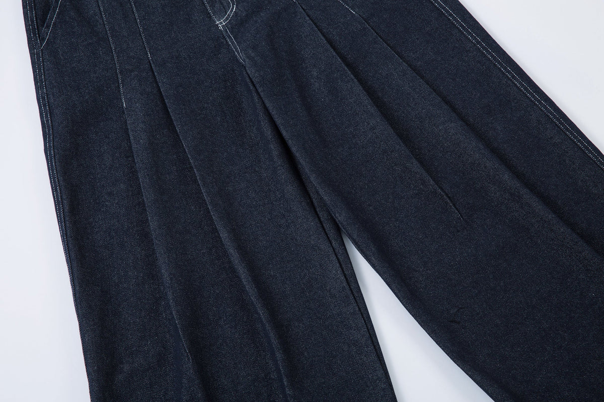 Deconstructed Contrast Stitching Pleated Baggy Barrel Jeans - OMYGOODS