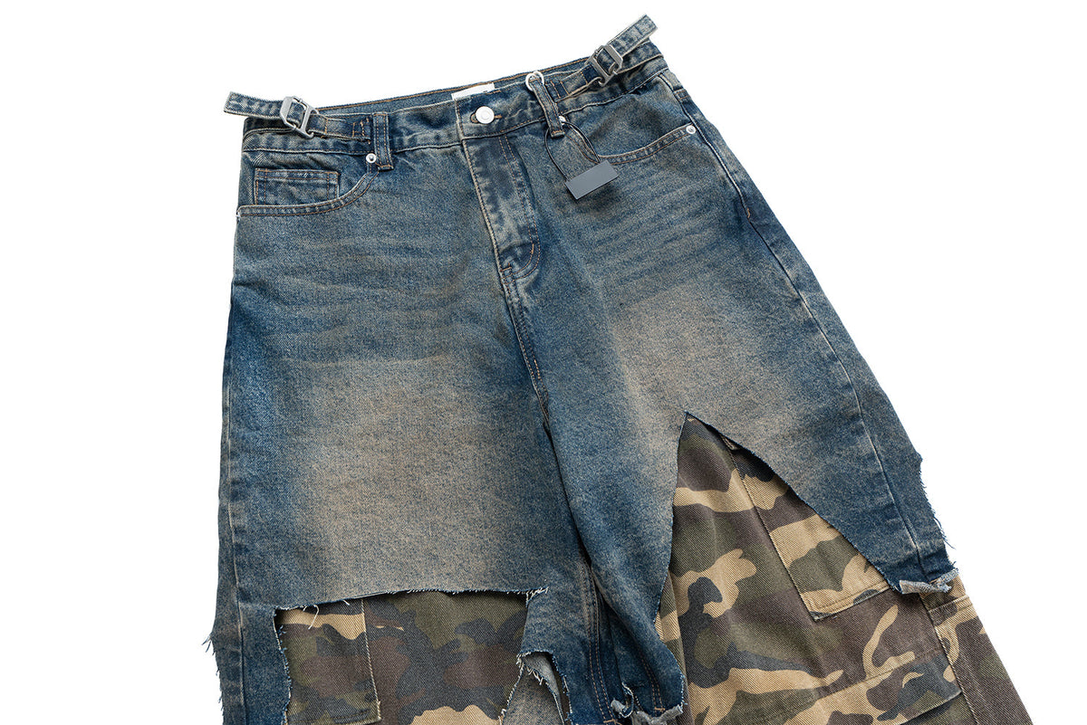 Deconstructed Denim Camo Layered Jeans for Effortless Style - OMYGOODS