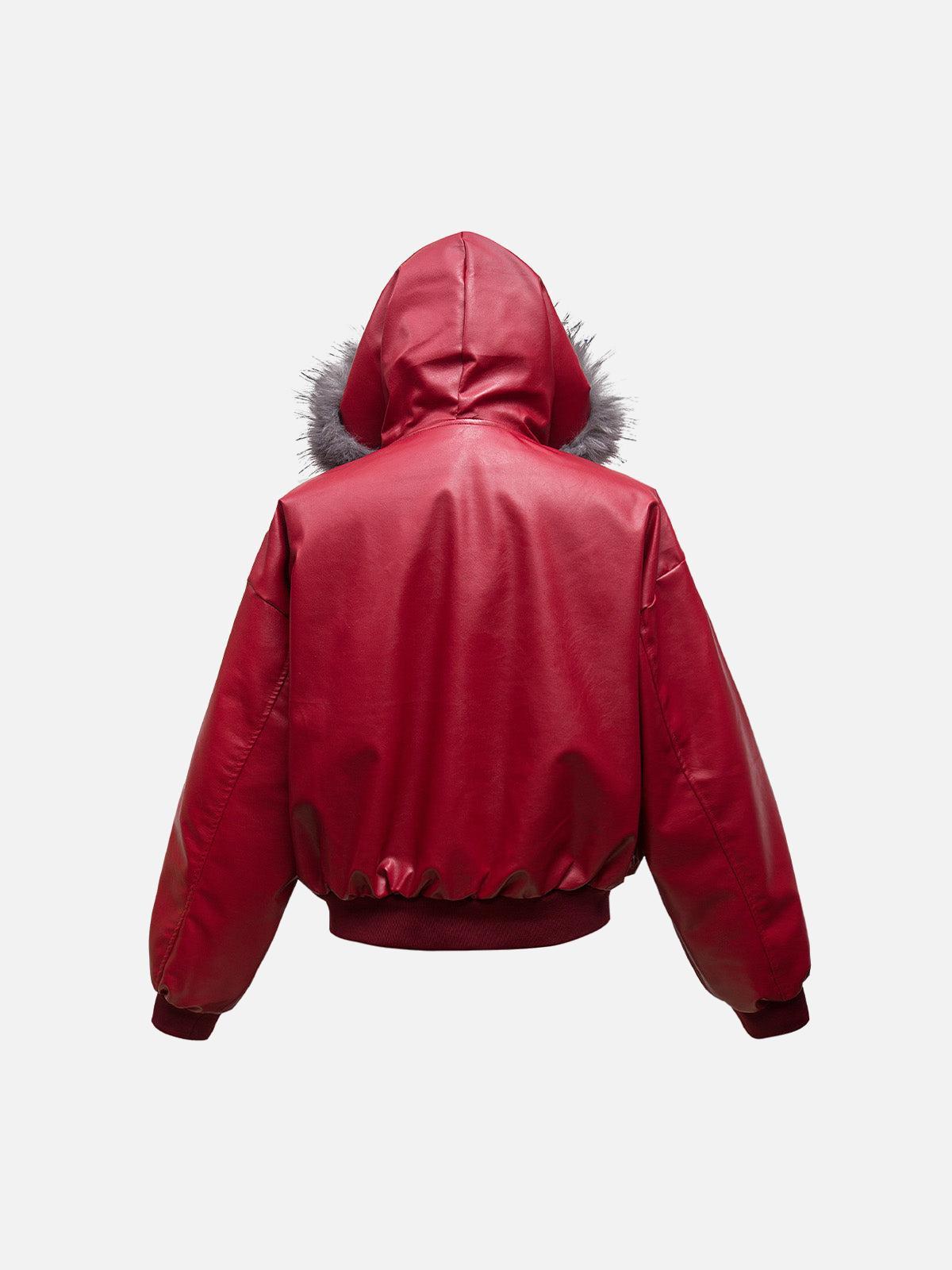Omygoods Deconstructed Multi Pocket Fur Hooded PU Leather Jacket