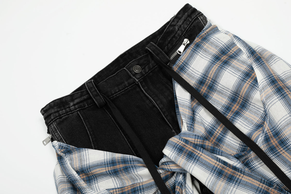 Denim Faux Two-piece Plaid Detachable Scimitar Jeans - OMYGOODS
