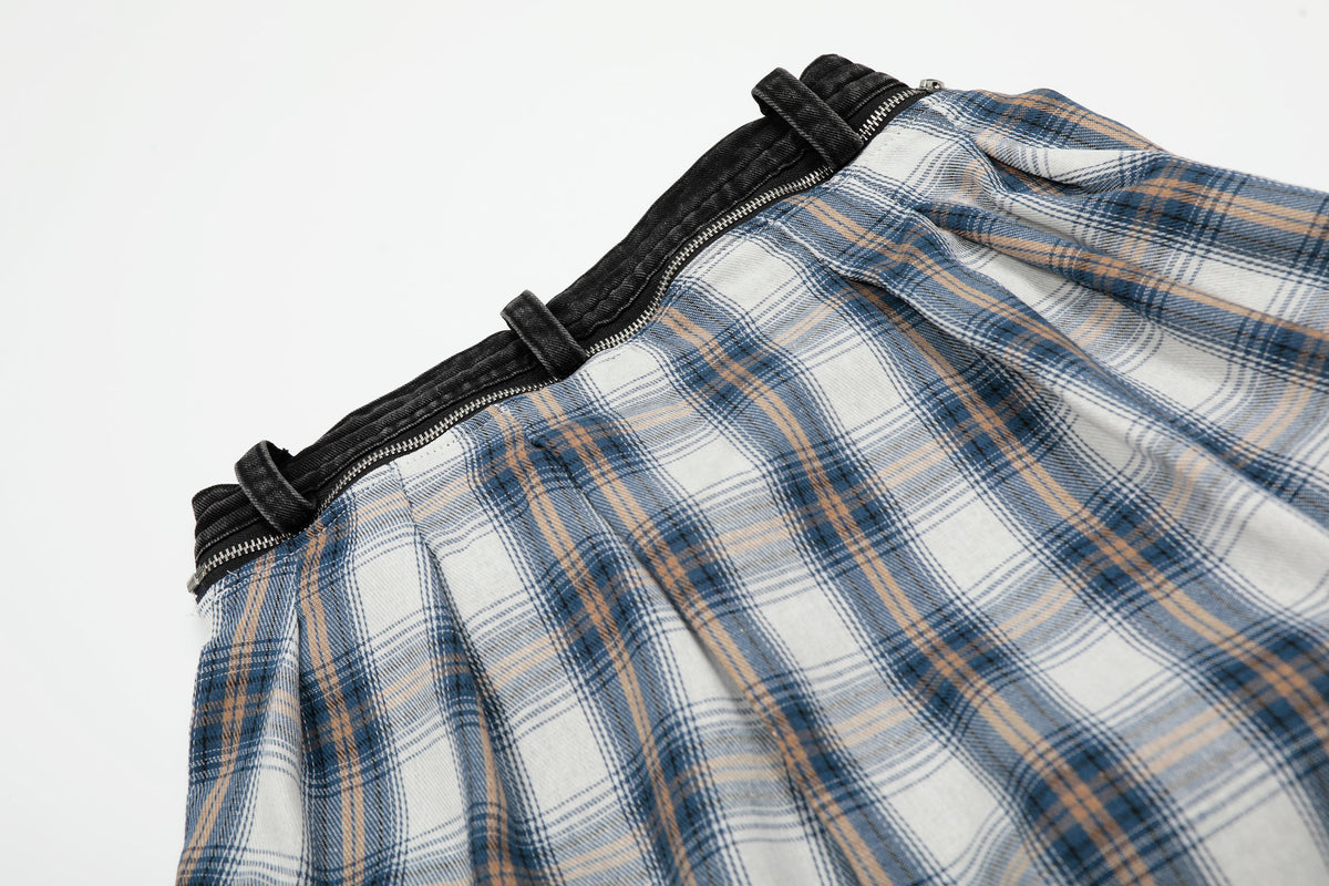 Denim Faux Two-piece Plaid Detachable Scimitar Jeans - OMYGOODS