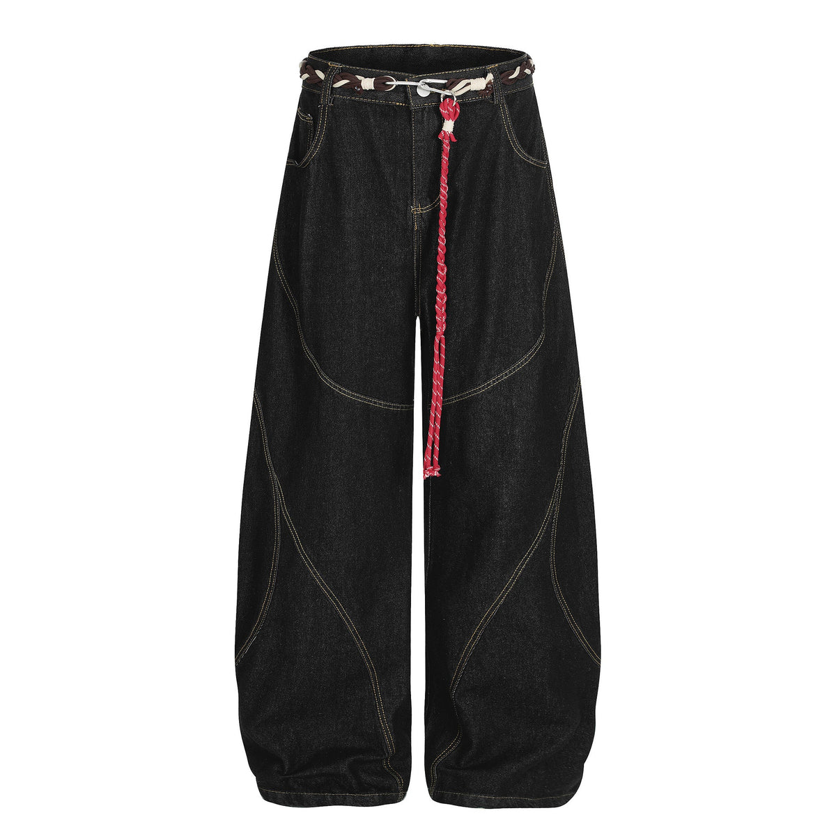 Denim Retro Belt Detail | Patchwork Barrel Jeans - OMYGOODS